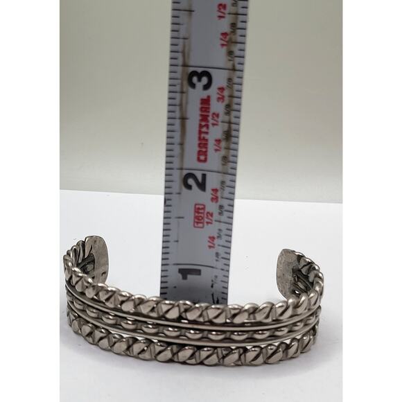 Vintage Heavy Silver Tone Triple Band Textured Metal Cuff Bracelet - Picture 10 of 10